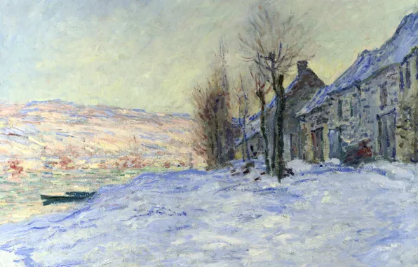 Картинка зима, пейзаж, река, лодка, дома, картина, Клод Моне