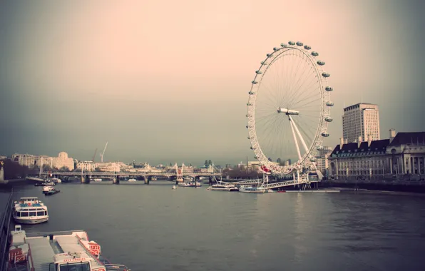 Картинка небо, город, река, здания, дома, лондон, колесо обозрения, великобритания