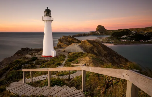Пейзаж, природа, океан, берег, маяк, Новая Зеландия, лестница, Castlepoint