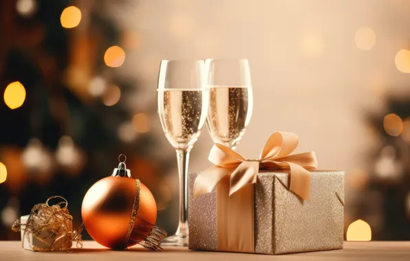 Картинка вино, шарик, блестки, бокалы, Рождество, алкоголь, подарки, Новый год