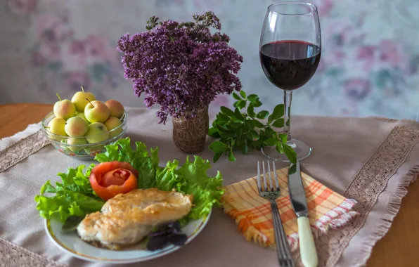 Картинка цветы, стол, вино, бокал, букет, завтрак, пирог, выпечка