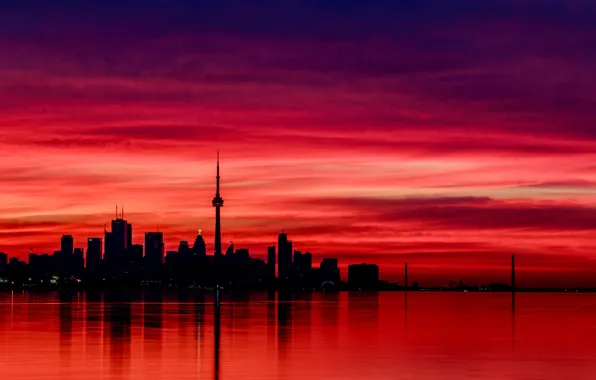 Отражение, вечер, Канада, Canada, evening, Toronto, reflection, красное небо