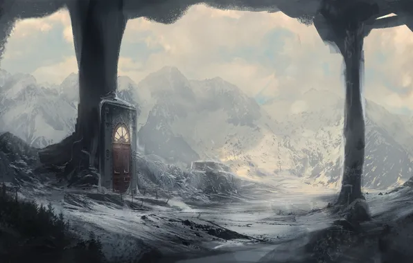 Картинка зима, снег, горы, портал, дверь, арт, колонны, грот