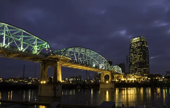 Ночь, мост, огни, река, дома, фонари, США, Tennessee