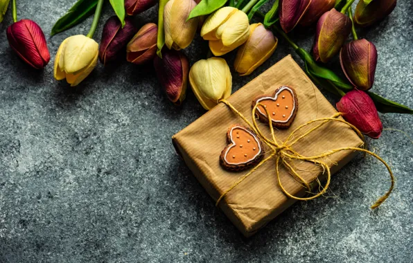 Цветы, подарок, букет, печенье, тюльпаны, день святого валентина