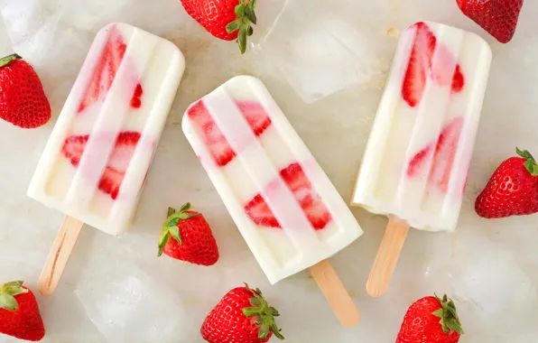 Клубника, мороженое, десерт, strawberry, ice cream, кубики льда