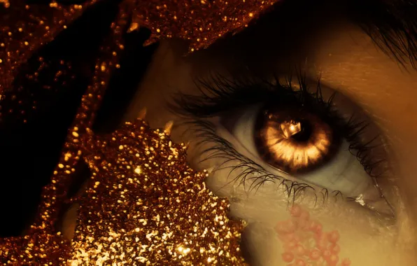 Golden, fantasy, gold, photomanipulation, eye, sparkle