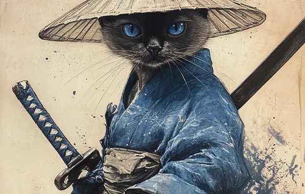 Кошка, кот, поза, меч, шляпа, мордашка, синие глаза, азиатский стиль