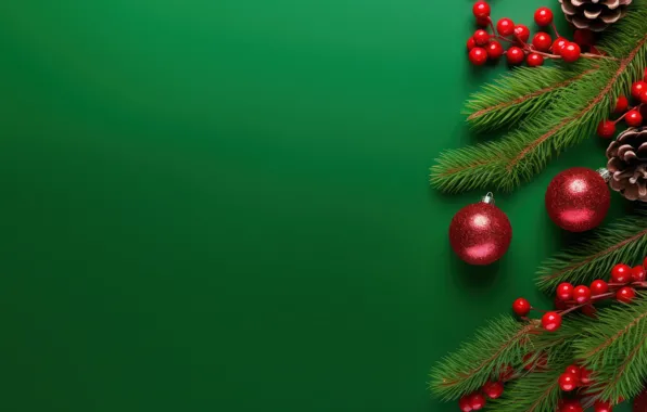 Шарики, ветки, Рождество, красные, Новый год, хвоя, шишки, зеленый фон