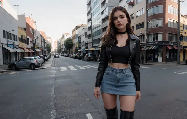 Girl, Sexy, legs, boots, leather jacket, miniskirt, crop top, tigh high boots
