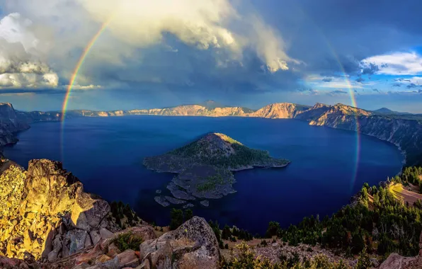 Картинка озеро, радуга, Орегон, США, штат, Крейтер