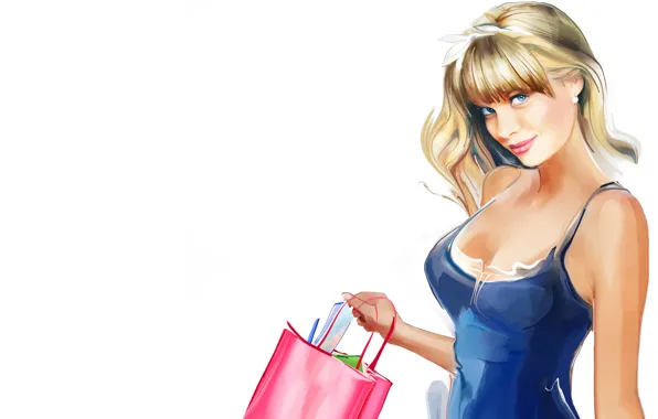 Картинка девушка, волосы, блондинка, сумка, голубые глаза, покупки, Tatiana Nikitina