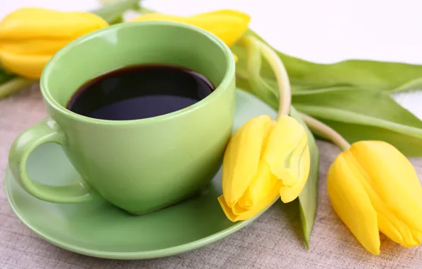 Цветы, кофе, чашка, тюльпаны, yellow, flowers, cup, tulips