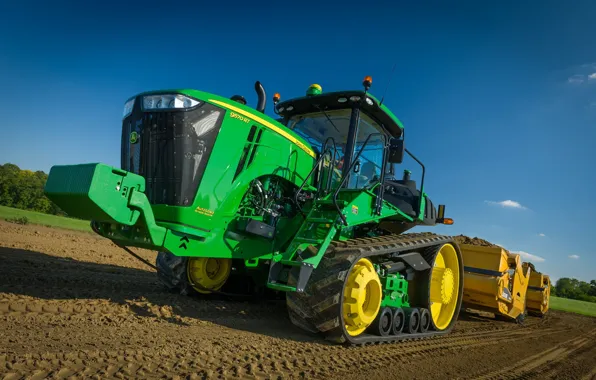 Поле, небо, трактор, кабина, спереди, гусеницы, работает, John Deere