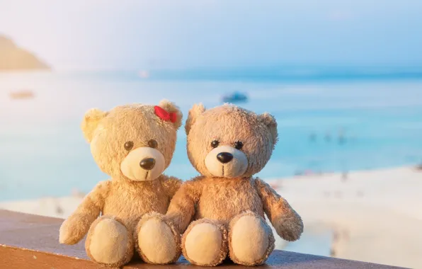 Картинка песок, море, пляж, любовь, игрушка, медведь, мишка, пара