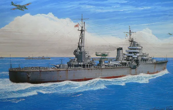 Картинка море, небо, рисунок, арт, крейсер, японский, WW2, назначения