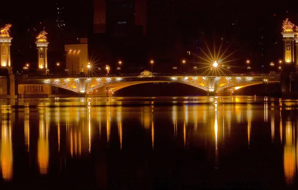 Картинка ночь, мост, огни, отражение, Город, панорама