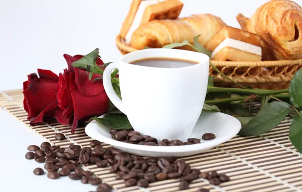 Кофе, розы, зерна, чашка, red, выпечка, сладкое, coffee