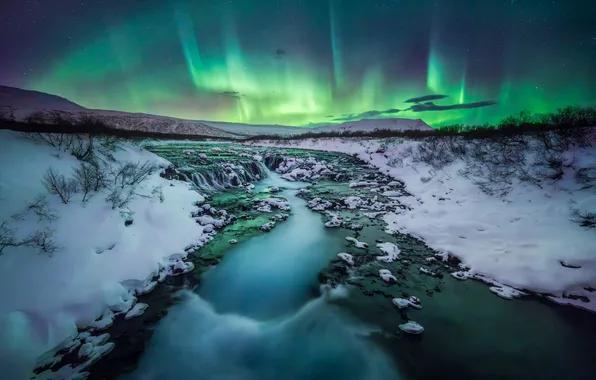 Картинка зима, снег, река, водопад, северное сияние, Исландия, Iceland, Bruara River