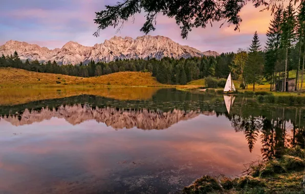 Картинка осень, лес, деревья, пейзаж, горы, природа, озеро, отражение