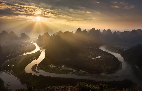 Картинка солнце, свет, горы, река, долина, Китай