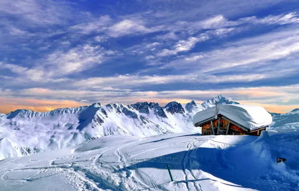 Картинка зима, небо, облака, снег, пейзаж, природа, дом, скалы