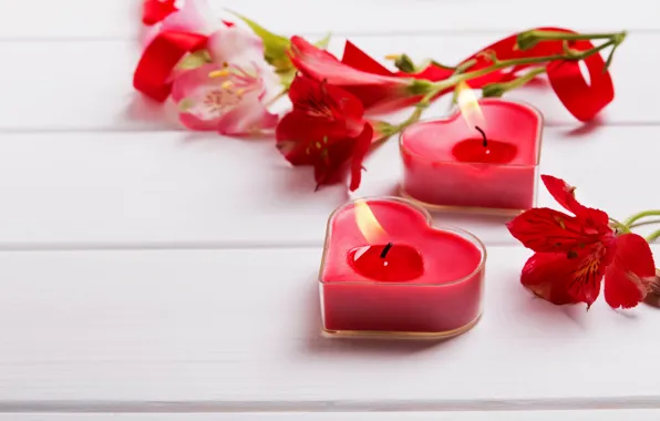 Картинка цветы, свечи, сердечки, red, flowers, romantic, hearts, Valentine's Day