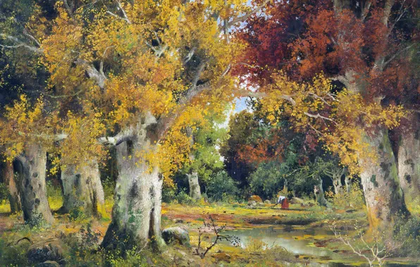 Осень, Деревья, Картина, Alois Arnegger, Осень в лесу, Алоис Арнеггер, Австрийский живописец