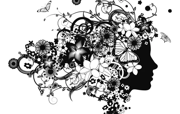 Девушка, бабочки, цветы, лицо, абстракции, силуэт, профиль