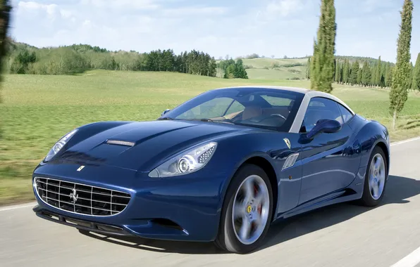 Картинка дорога, синий, скорость, феррари, Ferrari California