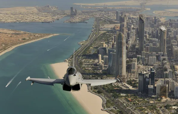 Картинка полет, город, истребитель, Дубай, поколения, многоцелевой, Eurofighter Typhoon, четвертого