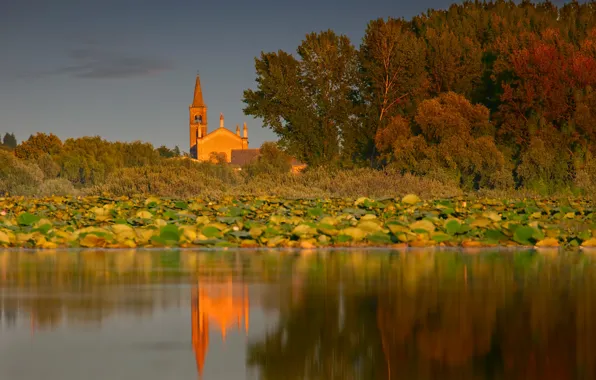 Осень, деревья, озеро, Италия, церковь, Italy, Ломбардия, Lombardy