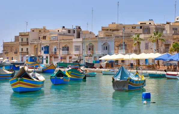 Город, здания, дома, лодки, причал, Средиземное море, Malta, Мальта