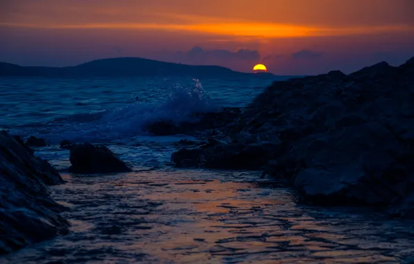 Twilight, sea, sunset, rocks, hills, dusk, wave, blue hour