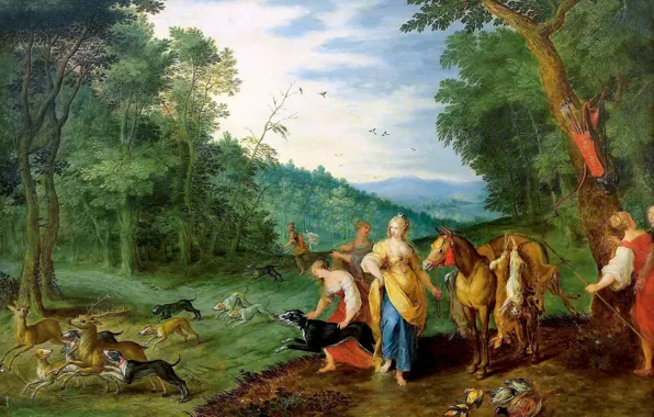 Картинка картина, мифология, Ян Брейгель младший, Диана на Охоте