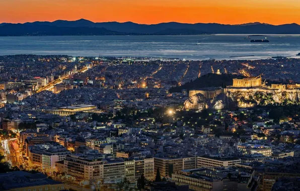 Ночь, огни, Греция, панорама, Афины