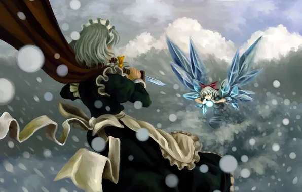 Картинка небо, снег, магия, девочки, шар, крылья, арт, нож