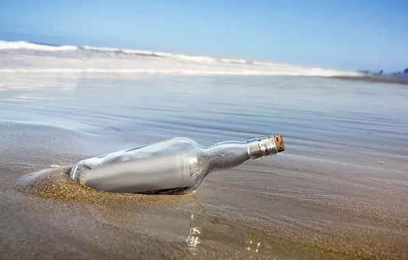 Картинка песок, море, берег, бутылка, записка, сообщение, бумажка, послание