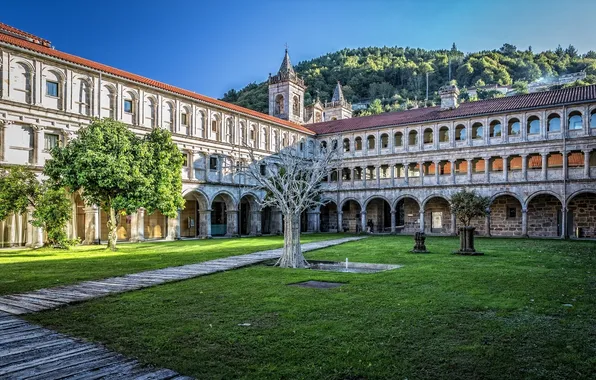 Здание, отель, Испания, дворик, Spain, Parador de Santo Estevo, Ourense, Оренсе