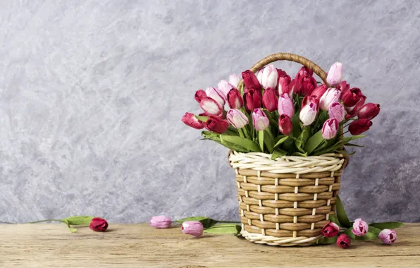 Цветы, тюльпаны, love, розовые, корзинка, vintage, wood, pink