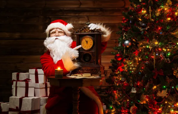 Картинка праздник, часы, елка, новый год, подарки, дед Мороз