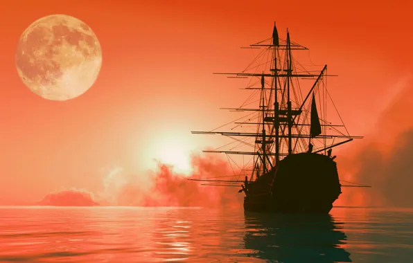 Море, небо, закат, луна, парусник, фэнтези