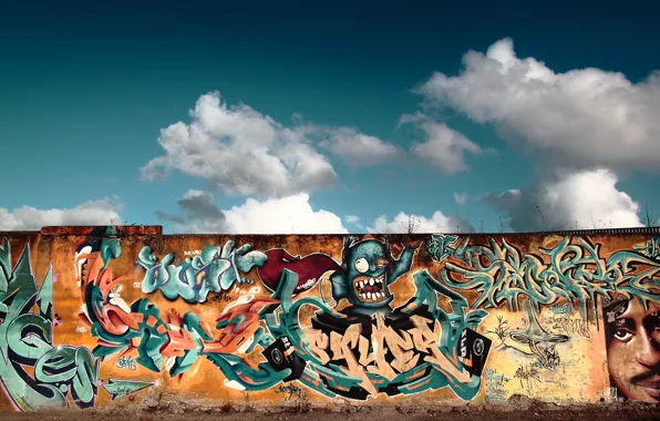 Картинка небо, стена, улица, граффити, рисунок