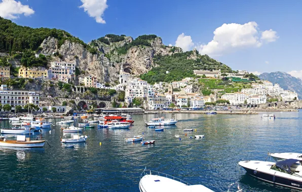 Горы, город, фото, побережье, дома, Италия, катера, Amalfi