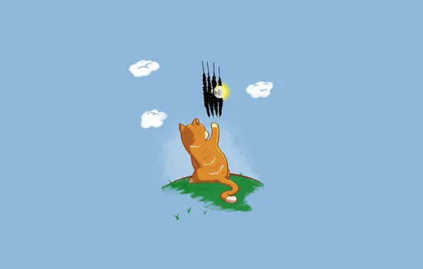Кошка, трава, кот, солнце, облака, луна, минимализм, cat