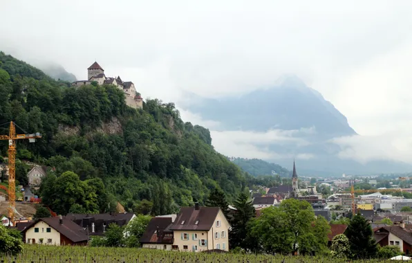 Горы, город, замок, скалы, дома, городок, пейзаж., Liechtenstein
