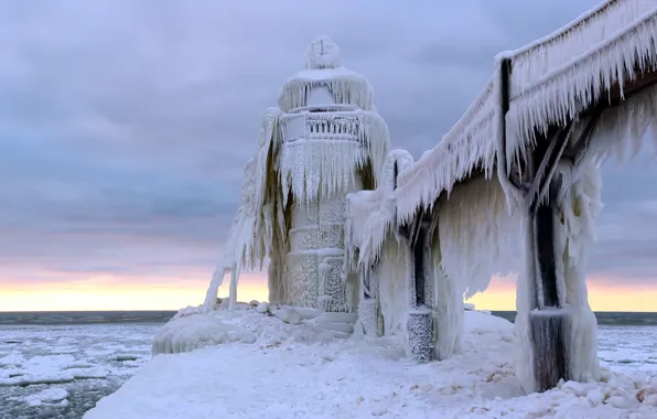 Картинка море, маяк, лёд