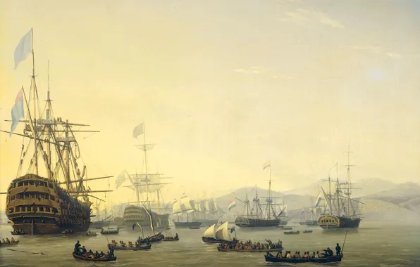 Картинка картина, морской пейзаж, Военный Суд на Борту Королевы Шарлотты, Nicolaas Baur