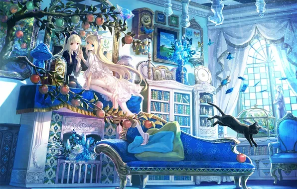 Картинка кошка, девушка, бабочки, отражение, комната, диван, дерево, яблоки