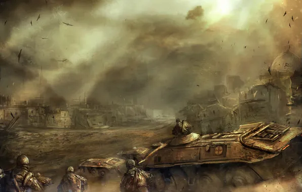 Картинка город, война, солдаты, танк, бтр